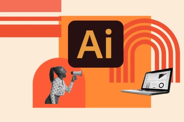 person with a megaphone discusses ai strategy for websites - image also shows a laptop open and the letters 'ai'