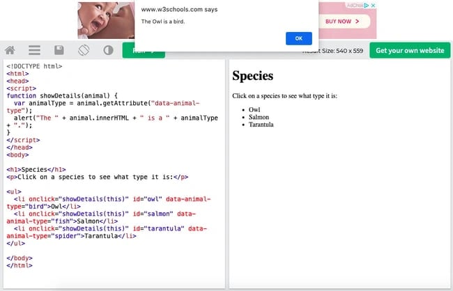 data-* atrribute being used to display stored data about list item