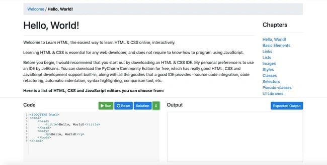 Homepage of first course on Learn HTML