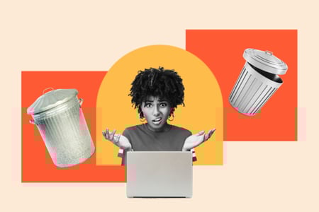 Woman frustrated in front of laptop flanked by garbage cans representing bad search results