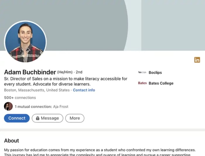 LinkedIn summary example: Adam Buchbinder